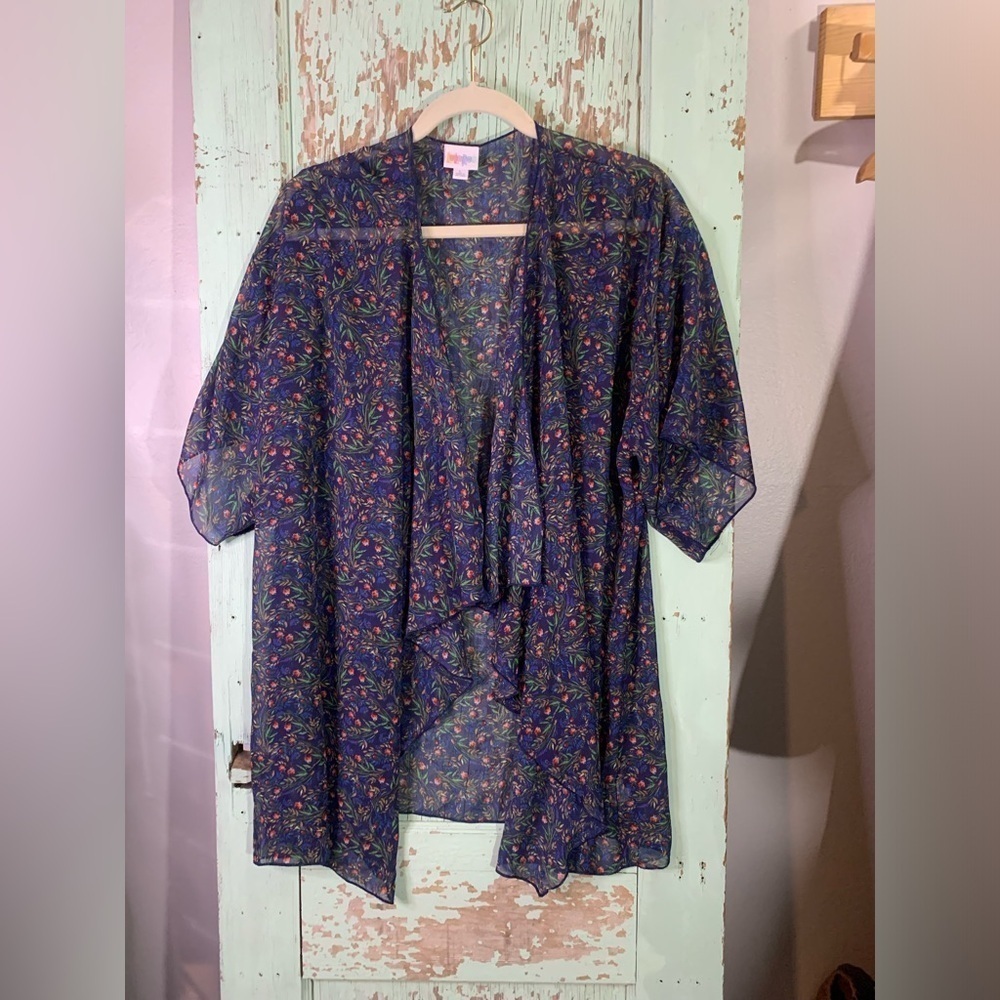 LulaRoe women’s sheer blue floral kimono size L Preloved good condition